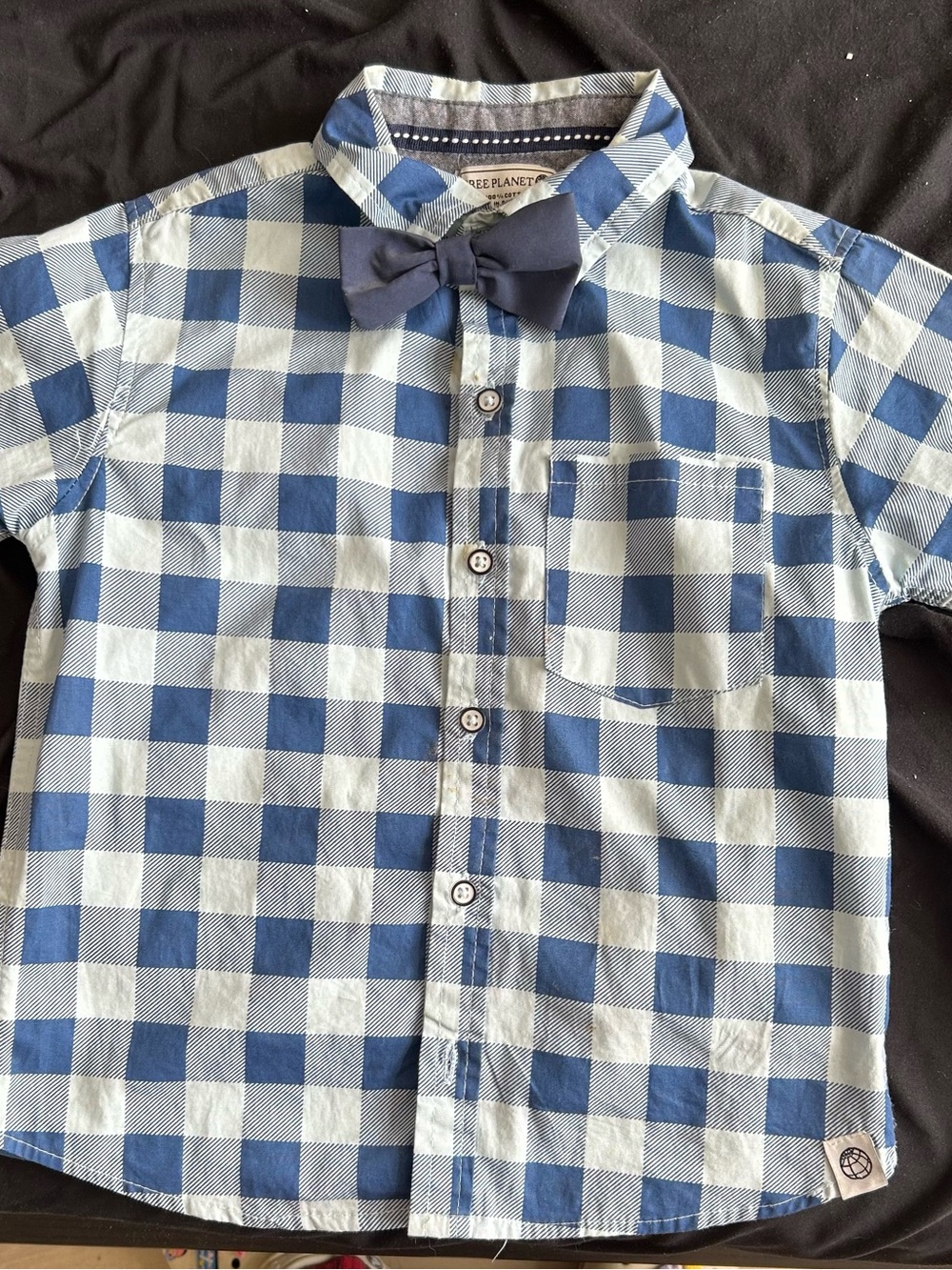 Free Planet Blue and White Gingham Button-Up Shirt with Navy Bow